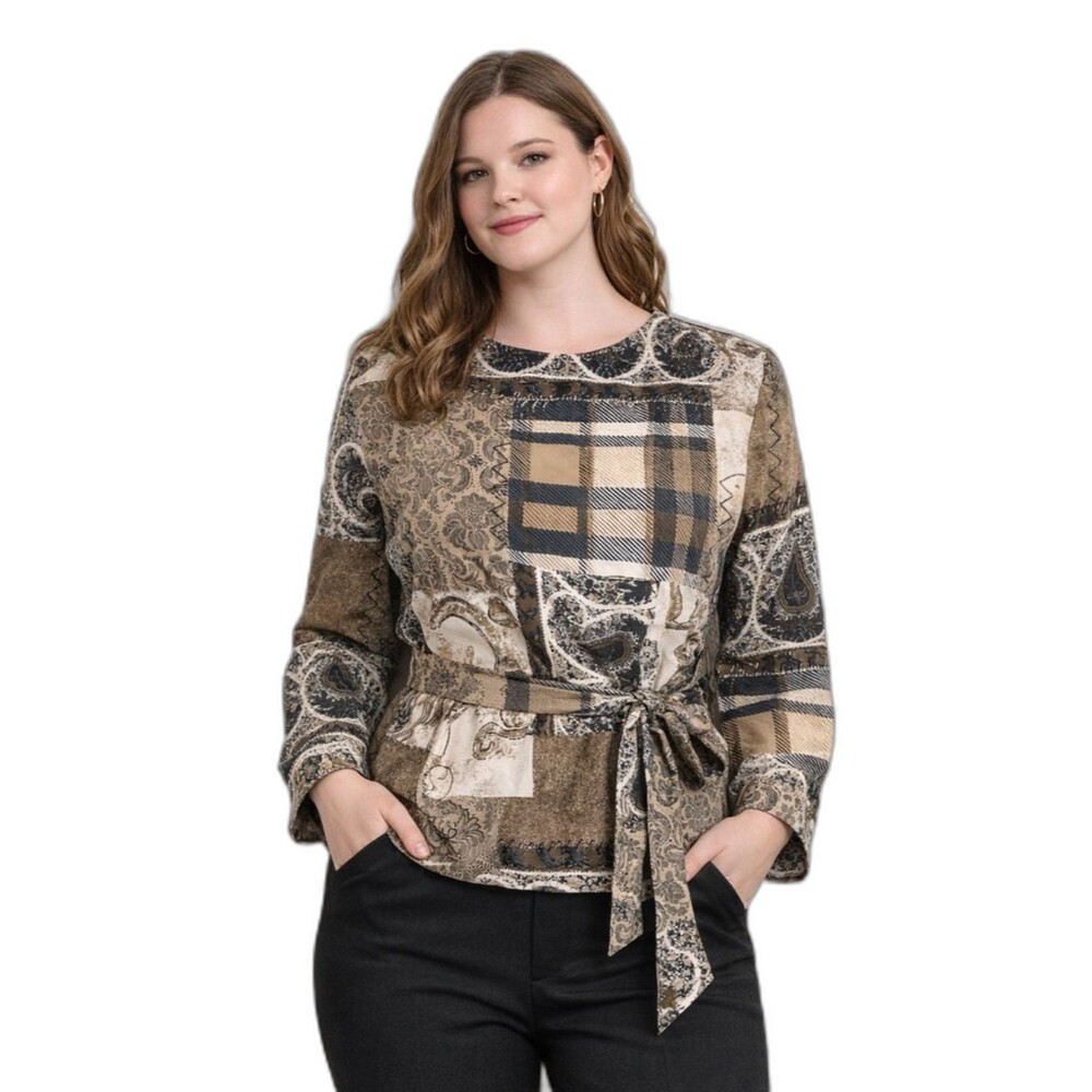 Vintage Style Patchwork Blouse Womens Boho Paisley Plaid Tie Waist Belted Top